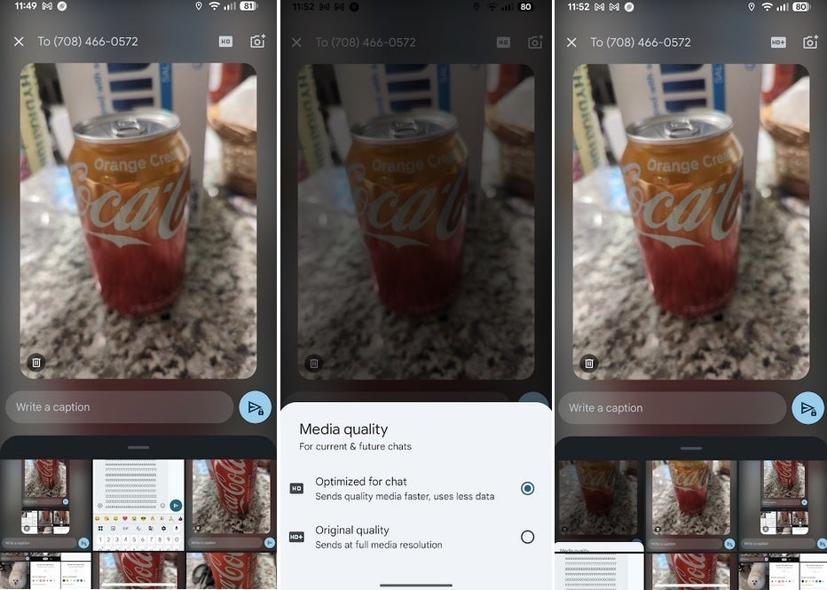 The new fullscreen viewfinder in the gallery section of Google Messages.