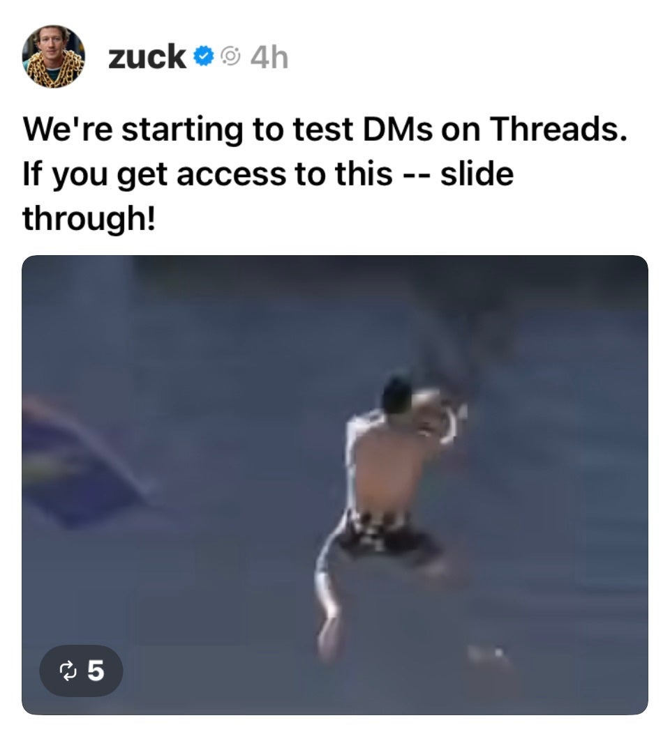 Screenshot from Zuckerburg's post today on. Threads regarding. DMs