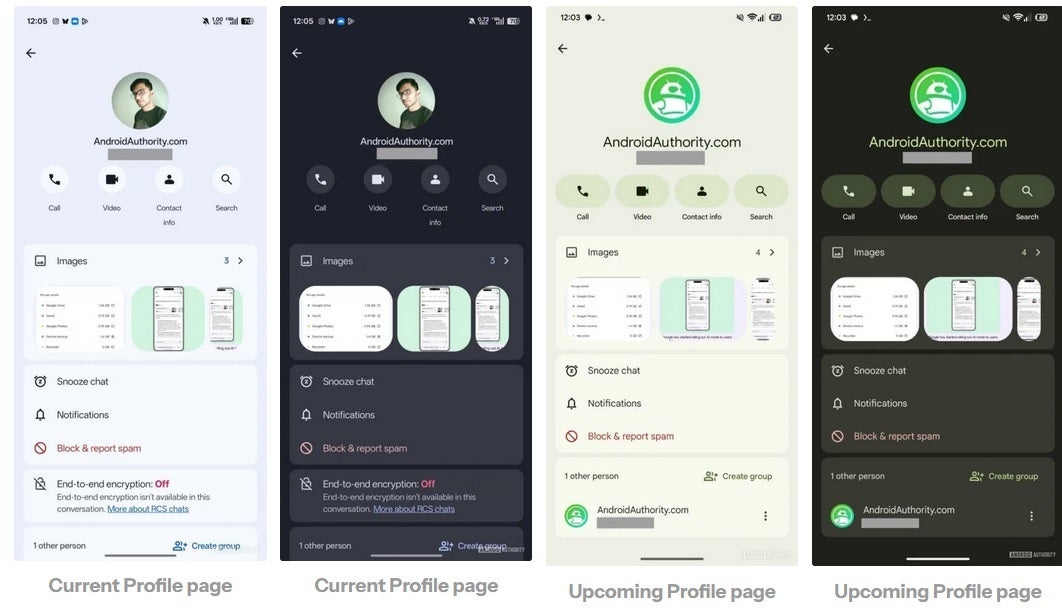 Screenshots show the current look of the Google Messages Profile Page and the new look hidden in the Messages app.
