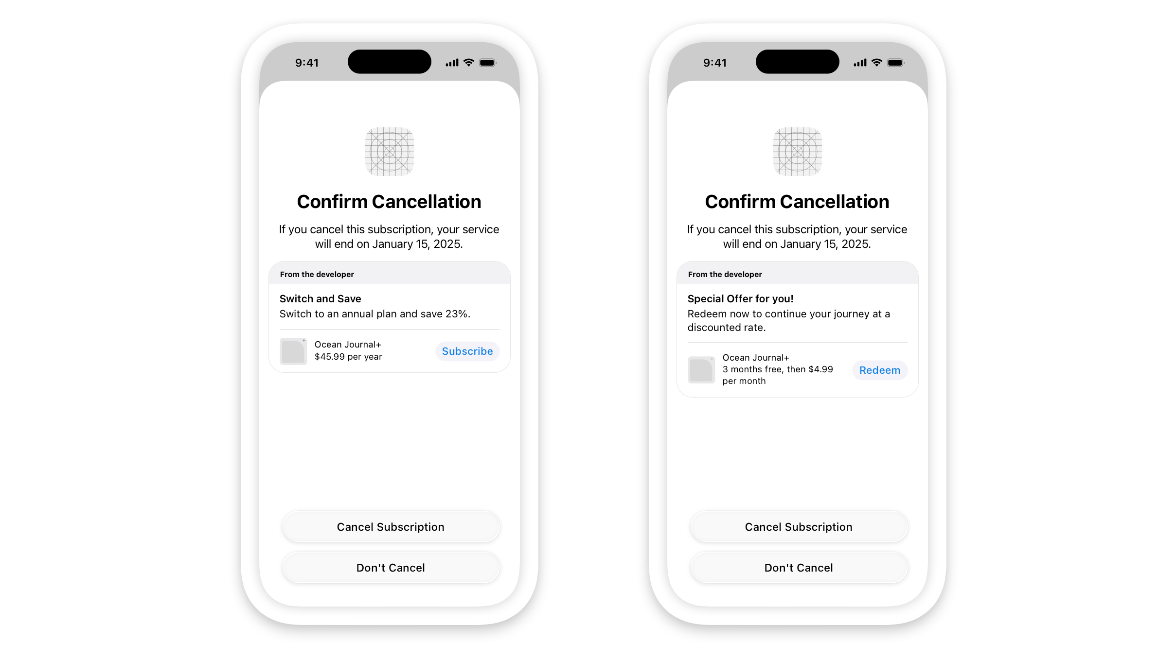 Apple's suggested cancellation screen | Image credit — Apple - Apple gives developers a new way to stop you from cancelling your subscriptions