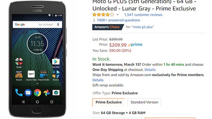 Deal: Save $90 when you buy the Amazon Prime Exclusive Moto G5 Plus