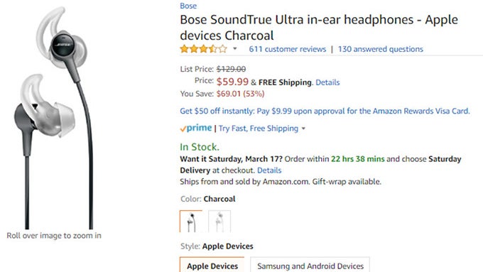 Save 50% on Bose's SoundTrue Ultra in-ear headphones at Amazon
