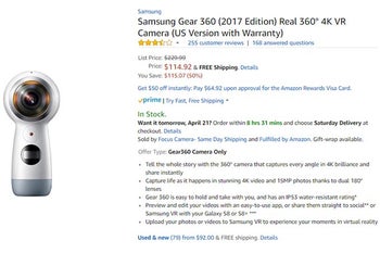 Deal: Samsung Gear 360 (2017 Edition) is on sale for half price at Amazon