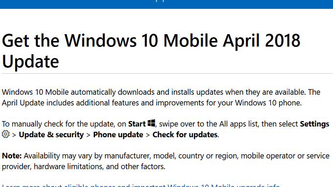 Windows 10 Mobile April 2018 update coming to compatible handsets according to Microsoft