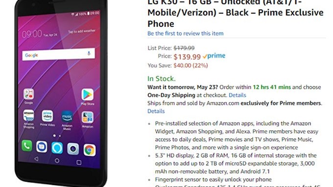 LG K30 now available at Amazon as Prime Exclusive at a much lower price