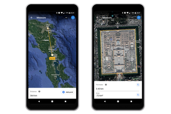 Google Earth can now measure the distance between two points and calculate the area of a block