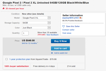 Save $300 on the 64GB Pixel 2 XL and $140 on the 64GB Pixel 2 at eBay; box is not included