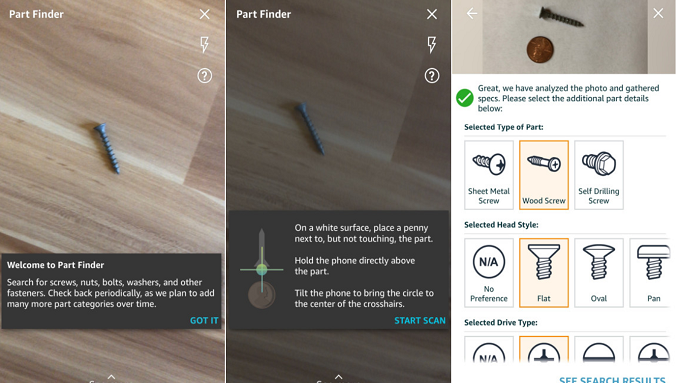 AR feature "Parts Finder" added to Amazon's iOS app; will identify nuts, screws, bolts and washers