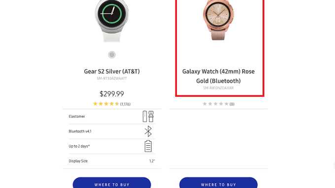 Rose Gold Samsung Galaxy Watch with 42mm case appears on Samsung's website