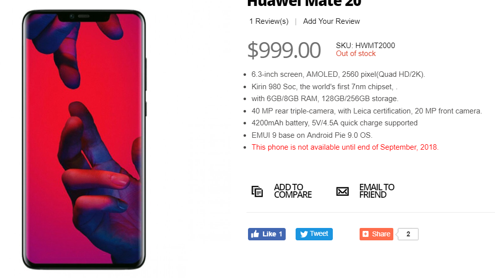 sponsor Dicteren eiland Huawei Mate 20 specs and pricing revealed by retail listing - PhoneArena