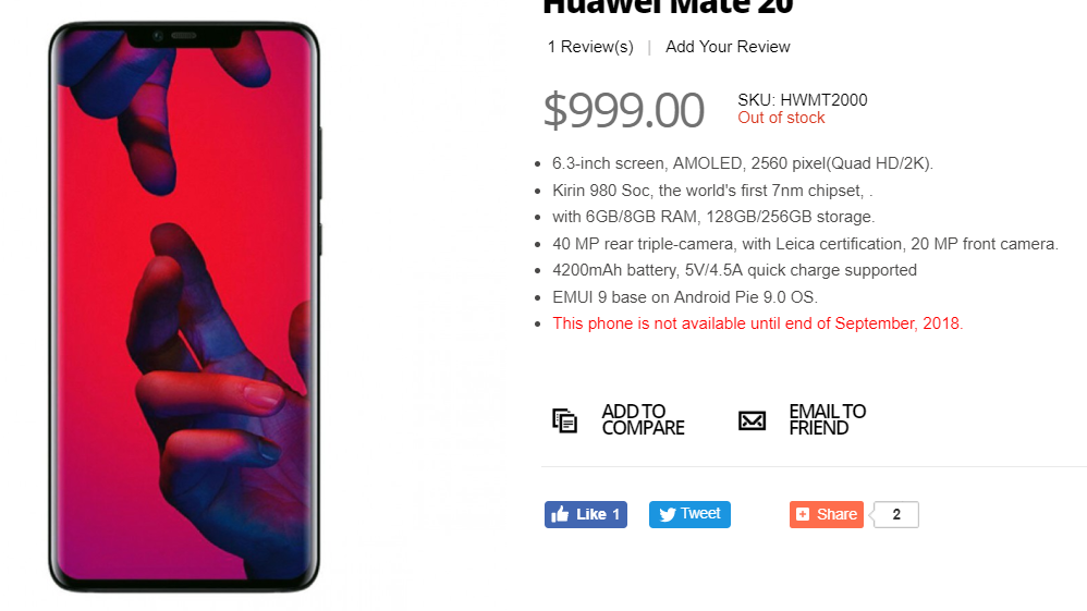 An early retail listing has revealed the Huawei Mate 20's key specs and pricing