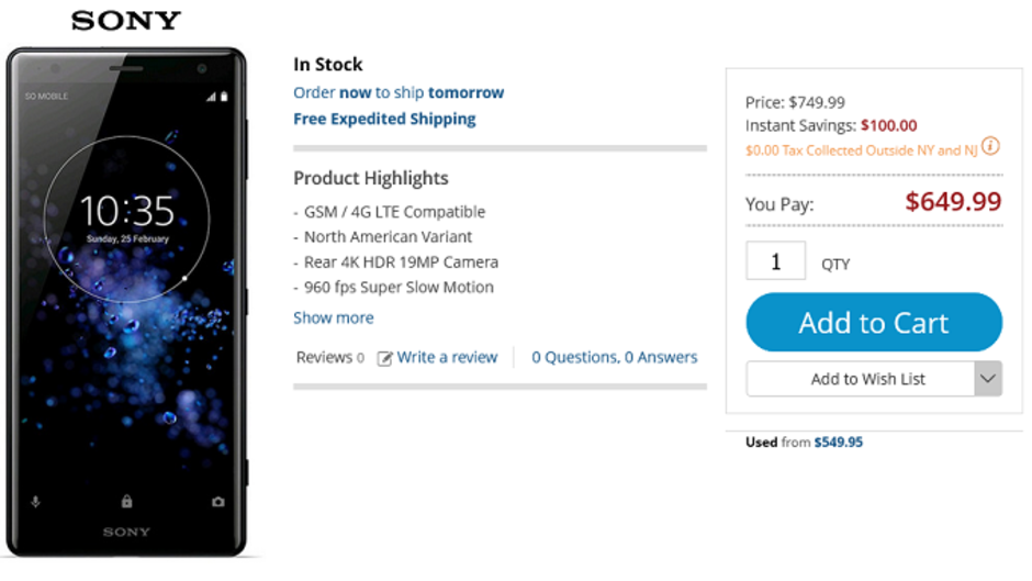 Save $150 on the Sony Xperia XZ2 from B&H