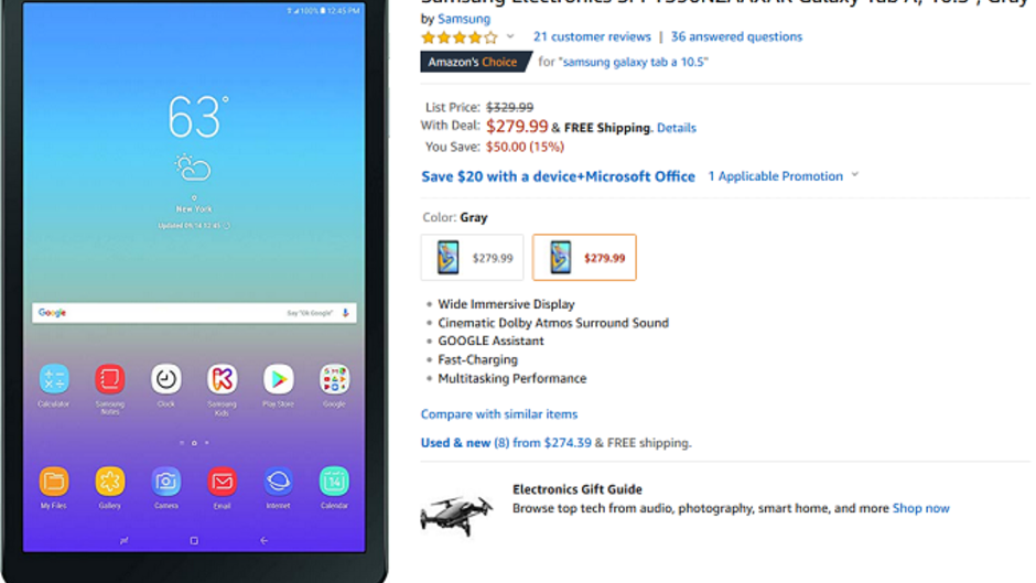 Grab the Wi-Fi only Samsung Galaxy Tab A 10.5 tablet for $280 from Amazon