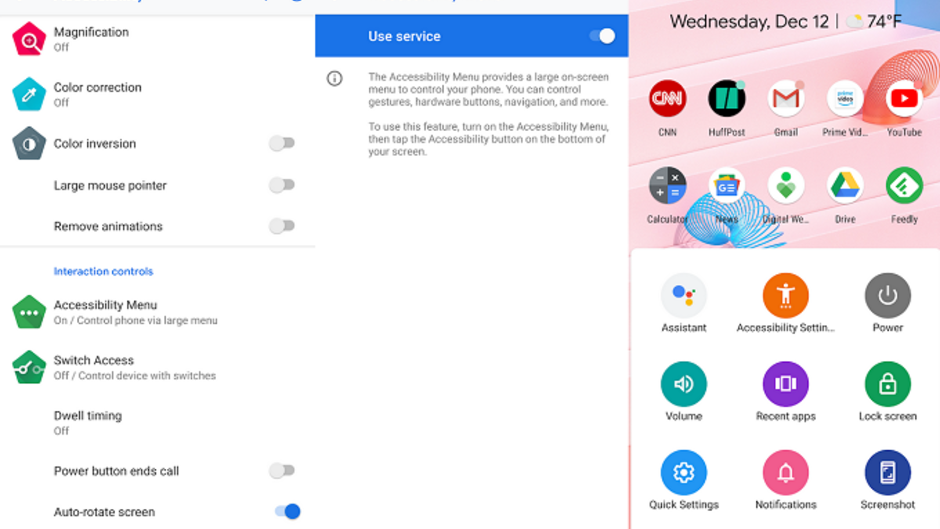 Enable the Acessibility settings on your Android 9 phone for shortcuts