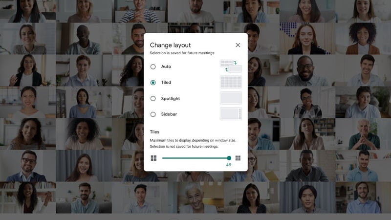 Google Meet now shows up to 49 people in a call, adds tile layout options