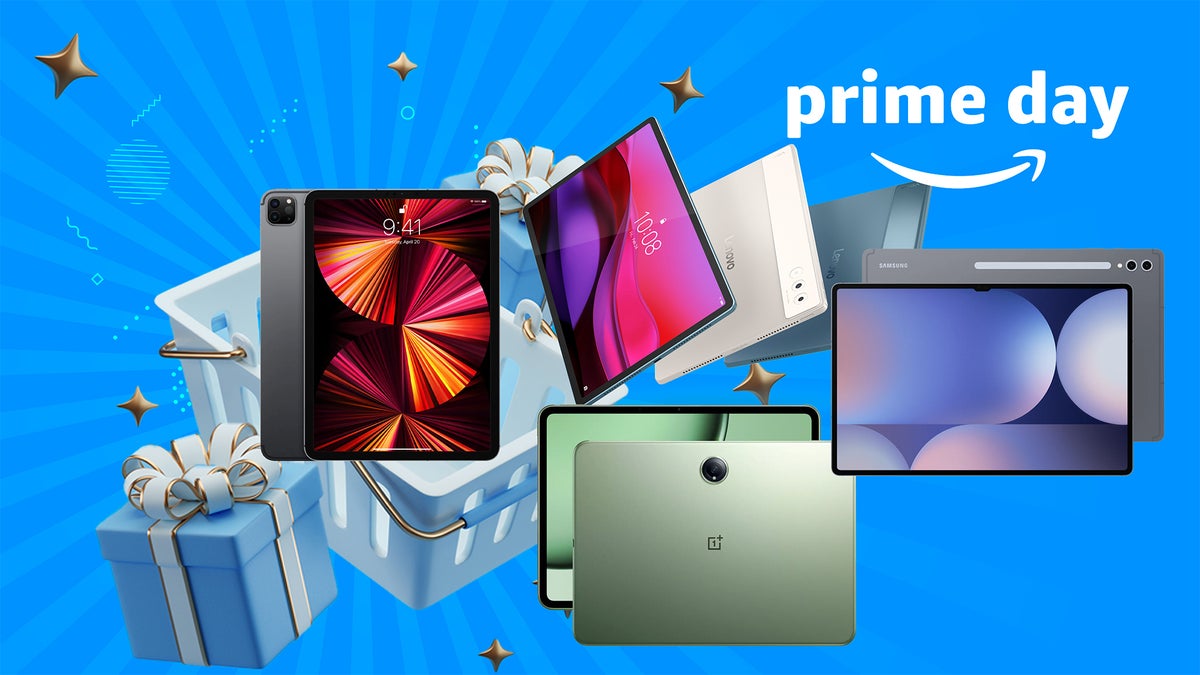 A Prime Day-inspired picture with different tablets surrounded by wrapped gifts. The Prime Day logo is clearly visible.