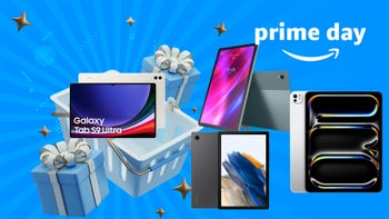 A Prime Day-inspired picture with different tablets surrounded by wrapped gifts. The Prime Day logo is clearly visible.