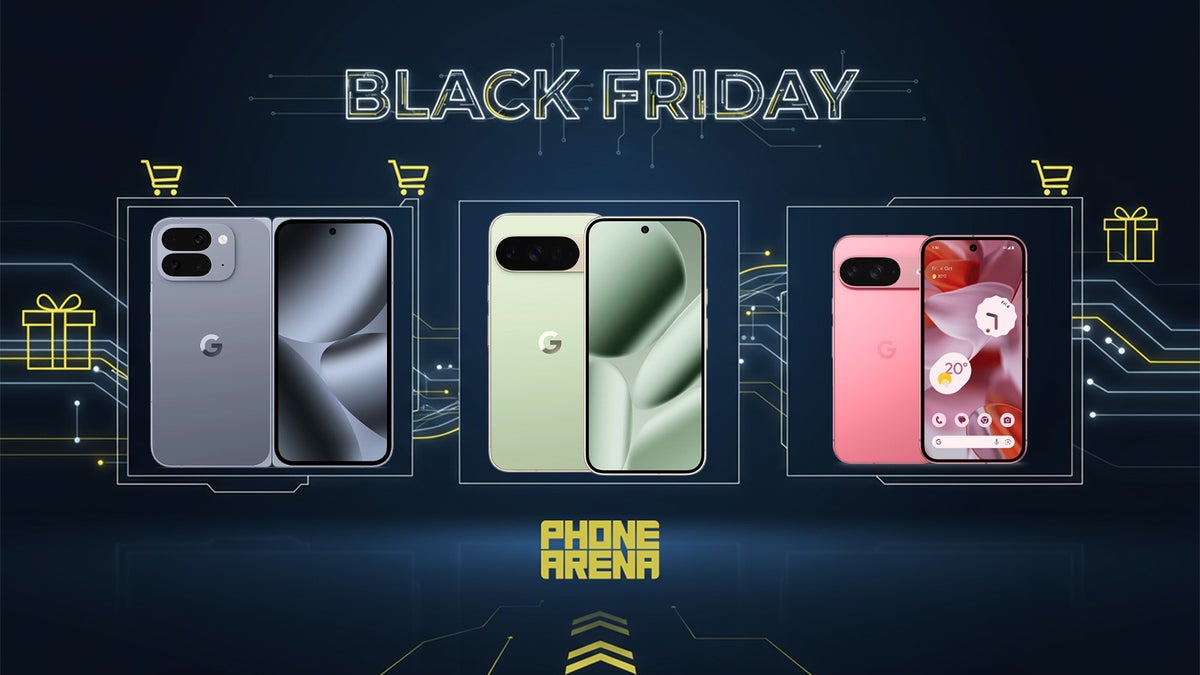 Black Friday-inspired image with the Pixel 10 Pro, Pixel 10 Pro Fold, and the Pixel 9a.