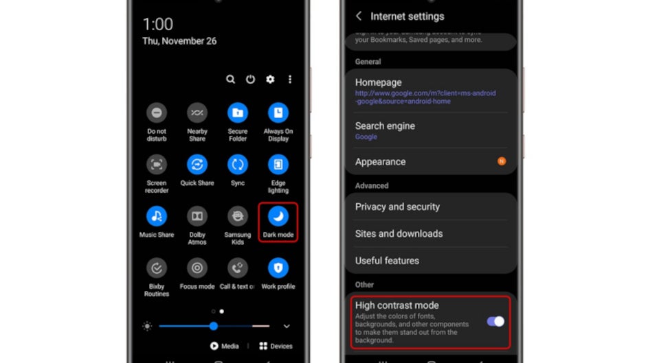 Samsung Internet 13.0 introduces new High contrast mode usability, expandable bar