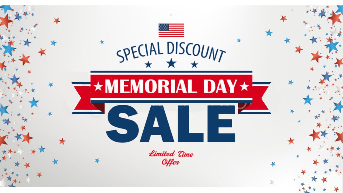 A promotional image with the US flag and a "Memorial Day sale" banner.