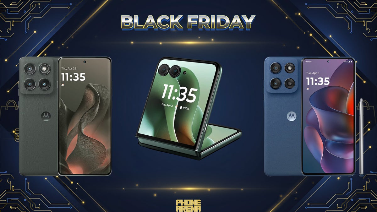 Black Friday-inspired promotional image, featuring the Motorola Razr Ultra, the Moto G Stylus (202%), and the Edge (2025).