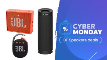 Cyber Monday-inspired deals image with JBL Clip 4 and other JBL, Sony speakers on a white background.