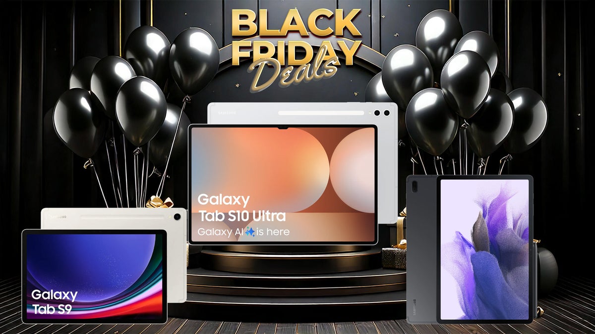 A Black Friday-inspired promotional image with the Galaxy Tab S10 Ultra and other Galaxy tablets.