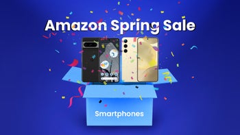 A promotional image with smartphones emerging from a box, with an Amazon Spring Sale text above.