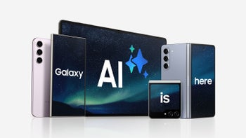 Multiple Galaxy phone models with the Galaxy AI logo on their screens.