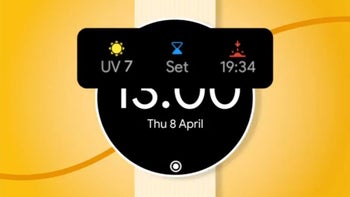 An illustration of a Wear OS watch with weather information displayed on top