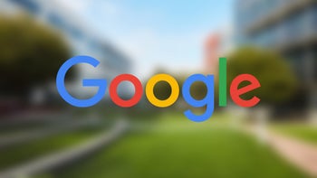 Google logo on a blurred cityscape background.