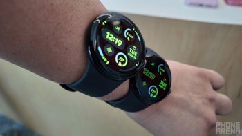 Pixel Watch 3 displayed on a wrist, highlighting the two available sizes side by side.