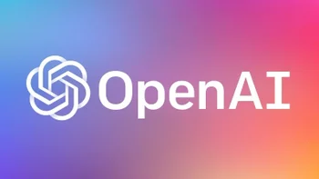 OpenAI's logo in white is placed in front of a multi-colored background.