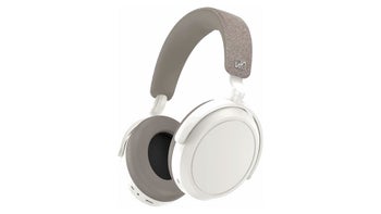 The Sennheiser Momentum 4 in white on a white background