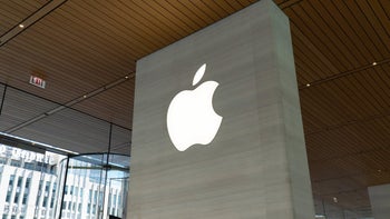 Apple logo on a column in an Apple store.