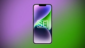 iPhone SE 4 render displayed against a vibrant green and purple background.