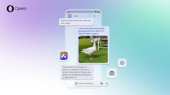 An illustration of a smartphone with the Opera browser open to a conversation with its AI