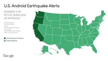 U.S. Android Earthquake Alerts availability map