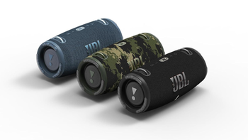 Three JBL Xtreme 3 models in Blue (left), Camouflage (middle), and Black (right) on a white background.