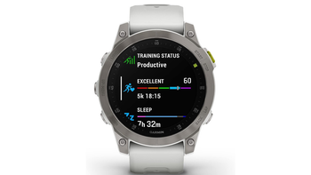 Garmin Epix Gen 2 in silver with the display turned on, against a white background