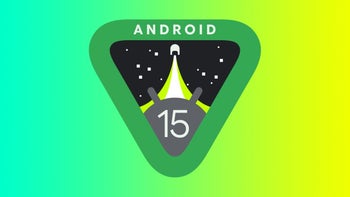 The official Android 15 logo appears in the foreground of a multi-colored background.