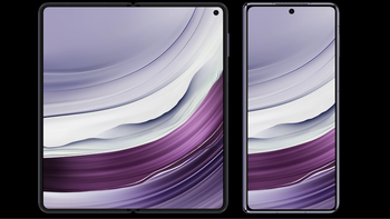 A foldable phone seem from the front with a fluid purple abstract wallpaper.