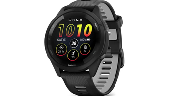 Garmin Forerunner 265 in Black and Powder Gray on a white background.