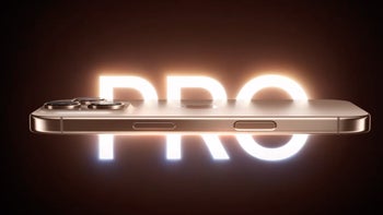 The new iPhone 16 Pro shown from the side on a golden neon backround, reading the word PRO.