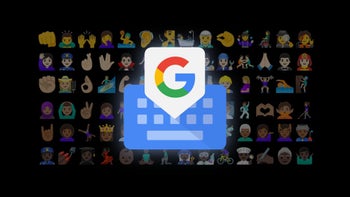 Illustration of the Gboard logo with emoji in the background