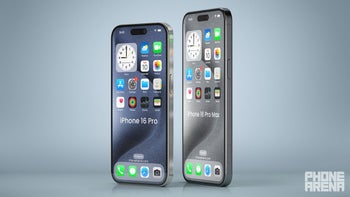 Renders of the iPhone 16 Pro and iPhone 16 Pro Max stand on a table.