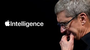 The Apple logo and the world intelligence on the left, white on a back blackground, with a photo of a contemplative Tim Cook on the right.