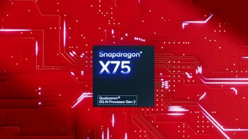 A Qualcomm Snapdragon X75 5G modem chip is photographed against abackground of circuits.