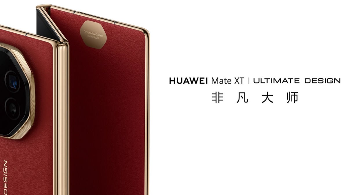 The tri-fold Huawei Mate XT is partially opened on the left side of the screen with the name of the phone on the right.