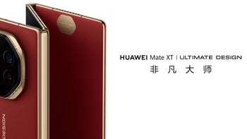 The tri-fold Huawei Mate XT is partially opened on the left side of the screen with the name of the phone on the right.